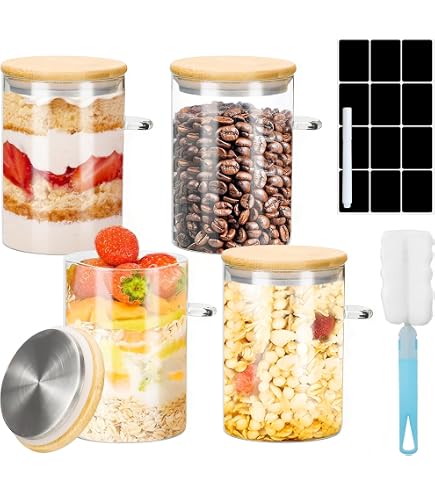 ozvvco Lot de 4 Overnight Oats Jar 500l, Bocaux en Verre Pot Yaourt Avoine en Verre avec ozvvco Lot de 4 Overnight Oats Jar 500l, Bocaux en Verre Pot Yaourt Avoine en Verre avec