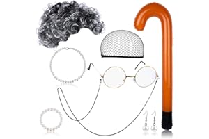 NIU MANG 8Pcs/Set Old Lady Cosplay Set Granny Wig Glasses Cane Glasses Chain Cords Wig Cap Faux Pearl Bead Necklace Earring Bracelet, Grandmother Wig Fancy Dress Cosplay Set for Halloween Costume Cosplay