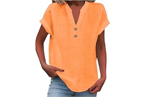 Yinguo Ladies Tops 2025 Women's Summer Cotton Linen Cap Sleeve T-Shirt Button V Neck Tunic Tops Fashion Baggy Solid Plain Casual Shirts Trendy Blouse