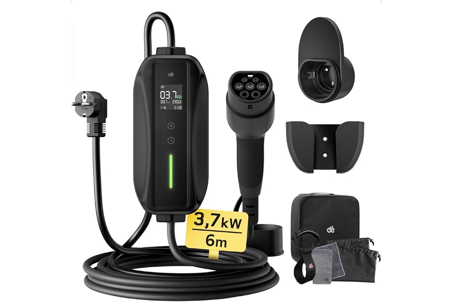 dé Chargeur Voiture Electrique Type 2 3,7kW 6m avec Écran LCD | IP66, Câble recharge voiture électrique Type 2, réglable 6-16