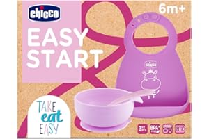 Chicco Set Pappa Silicone Easy Start, Set Pappa Bambino Antiscivolo, Senza BPA, Set Svezzamento 3 Pezzi Composto Da Bavaglino Rigido Easy Roll, Ciotola Easy Con Ventosa e Cucchiaino, 6M+, Rosa