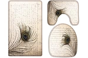 A.Monamour Badezimmer Badematte 3 Teilig Set Vintage Pfau Feder Alten Englischen Skript Schreiben Kunstdruck Bad Matte Teppich Flanell Saugfähig Badteppiche Badvorleger Badgarnitur WC Vorleger