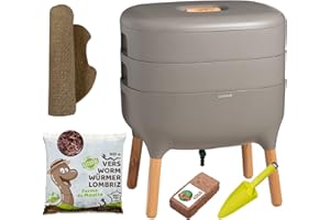 WORMBOX Moutta I Urbalive 2 Bandejas Gris, Kit Completo I Diseño Vermicompostaje I 250g lombrices / 500 uds. I Sustrato Inicial I Estera de cáñamo + Pala I Interior, balcón y jardín