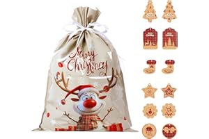 ONBAGLST 43 * 58 cm Große Weihnachtsbeutel mit Kordelzug mit 20 Stück Anhängern, 6 Stück Weihnachtliche Zugbeutelgeschenktüten, Weihnachtsverpackungstaschen für Geschenke und Partygeschenke