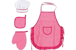 GRANVOO Juego Delantal Chef para Niños, Ajustable Niñito Delantales de Cocina con Gorro Cocinero, Guantes de Horno, Almohadilla Resistente al Calor para Cocinar Hornear Pintura Artesanía (3-12 Años)