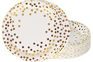 TOPWAYS Bianco Oro Piatti Carta, 48pcs carta servizio piatti monouso piatti stoviglie per feste di decorazioni compleanno bambini uomini donne, Matrimoni, Decorazioni Anniversari 9 pollici