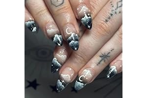 Ceboic 24 sztuki paznokci na Halloween, do naklejenia, migdałowy, francuski press on Nails Mittle Full Cover paznokcie do naklejenia, czarne, akrylowe, sztuczne paznokcie dla kobiet i dziewcząt