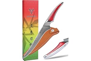 SANMUZUO Couteau à filet 18 CM, Couteau à poisson de cuisine en acier Damas japonais VG-10, Couteau à désosser ultra tranchant avec manche pleine soie en résine Rouge, série LA-S9