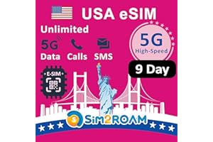 SIM2ROAM USA Prepaid eSIM-Karte|Unbegrenzte 5G/4G-Daten in den USA (einschließlich Hawaii)+Low-Speed-Daten in Kanada und MX|Unbegrenzte Anrufe und SMS zwischen den USA, CA und MX|Wiederaufladbar (9 Tage)