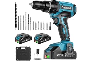 MHPRO Cordless Drill Set 21V, Cordless Hammer Drill with 2 Batteries 2000mAh, 25+3 Torque, 42N.m Max Electric Drill, 2 Speed, LED Light,14PCS Drill Bits for Home and Garden DIY Project