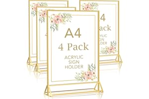DMSELL 4 Pack A4 Acrylic Sign Holder with Gold Border, A4 Display Stand for Table Menu, Gold Menu Holders for Wedding, Restaurant Signs(Double Sided)