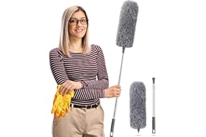 HELI MIAO Staubwedel Teleskop Waschbar，Staubwischer lang ausziehbar bis 2,45m，staubwedel mit teleskopstange und Biegbar，Spinnwebenbesen für hohe Decken Deckenventilator spinnenweben Eckbesen Grau