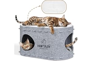 Pawtasy Cat Cave Bed for Indoor Cats Cat House Bed with 2 Removable Cushions Scratch Resistant Cat Hideaway for Large Cats and Kittens up to 10 kg Grey，58L x 33W x 30H cm