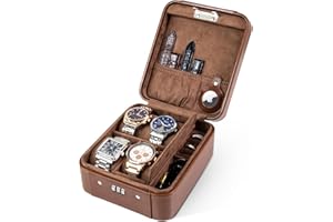 KAMIER Uhrenbox mit Zahlenschloss für 4 Uhren, Reiseetui Exklusive Uhrenaufbewahrung aus Hochwertigem Leder und edlem Samt, Uhrenbox Herren für Reise Watch Case, Kompatibel mit AirTags, Braun
