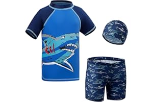 KAKU NANU 3 Pezzi Cocostume da Bagno Ragazzo 3-14 Anni Costume Piscina Mare Anti UV Cuffia Piscina Bambino Maglietta a Maniche Corte e Pantaloncini