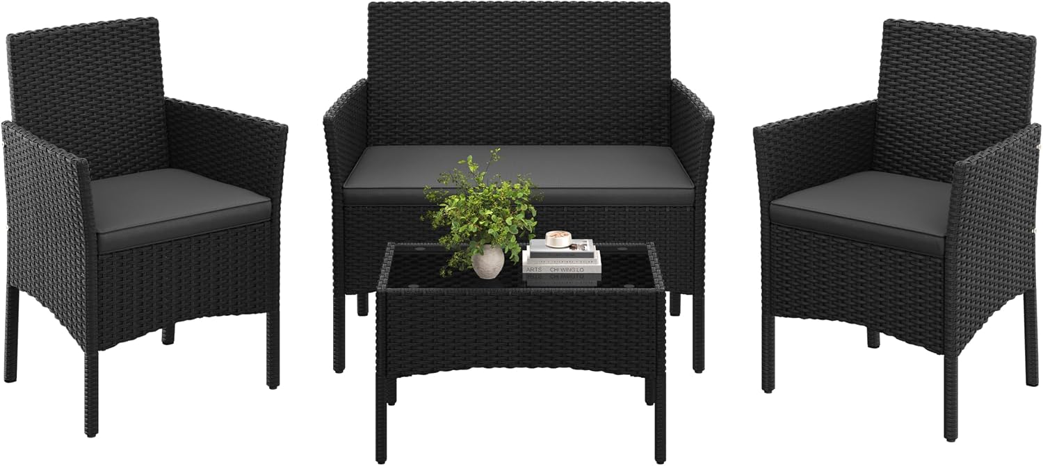 Yaheetech 4-Piece Rattan Patio Furniture Set, Outdoor 4 Seater Patio Conversation Sets with Glass Top Coffee Table, Weather Resistant Garden Conversation Set for Patio, Backyard, Deck, Black/Gray