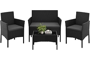 Yaheetech 4-Piece Rattan Patio Furniture Set, Outdoor 4 Seater Patio Conversation Sets with Glass Top Coffee Table, Weather Resistant Garden Conversation Set for Patio, Backyard, Deck, Black/Gray