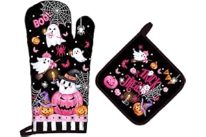 Arquiel Guante De Horno Agarraderas Halloween Rosa Fantasma 2PCS, Algodón Guante De Cocina Resistente Al Calo Grueso Seguro para Cocinar, Hacer Barbacoas Microondas Y para La Chimenea Regalo