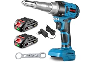 ONEVAN riveteuse à batterie, 20,000N pistolet a rivet electrique avec batteries 2x 1,5Ah, course 18 mm, sans balais, riveteuse automatique sans fil pour rivets aveugles 2.4-5.0 mm