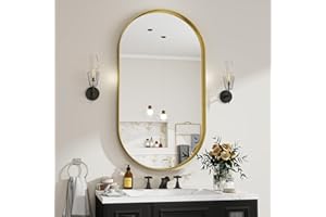 BEAUTYPEAK Miroir Mural - Ovale Noir Cadre Profond Miroir de Salle de Bain, 51x91 cm Or Cadre Ovale en Aluminium Miroir, Miroir Mural Suspendu pour Couloir, Salon, Gold Wall Mirror
