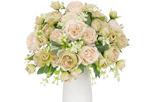 Floweroyal Lot de 4 bouquets de pivoines artificielles en soie - Pour fête de mariage, centre de table, arrangement floral, décoration de maison, de cuisine - Blanc et vert