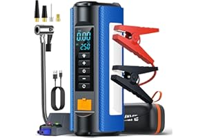 BUVAYE Booster Batterie Voiture avec Compresseur,150PSI Gonfleur Pneus Voiture,2000A Booster Batterie Voiture,12V Jump Starter pour Véhicule(7L Gaz ou Tout Diesel), Pinces Intelligentes,Écran LED,Lamp LED