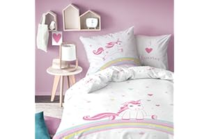 MTOnlinehandel Einhorn Kinder Bettwäsche Set 2tlg. 135x200 + 80x80 cm, Biber, Flanell, kuschelig weich, Reißverschluss, Unicorn Regenbogen