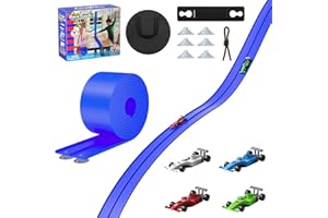 YORNOLI 5M Flexible Race Track with 4 Cars & Storage Bag - DIY Car Ramp Track for Jumps, Loops, Ramps - Portable Roll-Up Dual Racetrack for Indoor Outdoor Play, Ages 3+ (Blue)