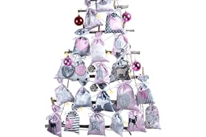 HOECMRHP Adventskalender zum Befüllen Groß (12x21,5cm), 24 stoffsäckchen Kette zum selber Basteln und Aufhängen, 2024 Weihnachtskalender zum selbst füllen mit Rosa Grau Stoff Säckchen für Kinder Mädchen Frauen