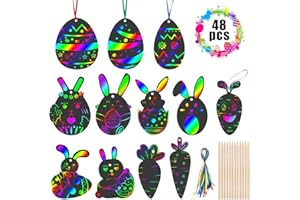 ‎MELLIEX 48 Stuck Ostern Kratzbilder für Kinder, Regenbogen Kratzpapier zum Basteln mit Schablonen, Holzstiften für Erwachsene Jungen Mädchen DIY