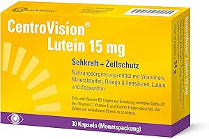 CentroVision Lutein 15 mg – Zur Erhaltung der normalen Sehkraft, Nahrungsergänzungsmittel mit Vitamin C, Vitamin E, Vitamin B2, Zink, Kupfer, Omega-3-Fettsäuren, Lutein und Zeaxanthin, 30 St.