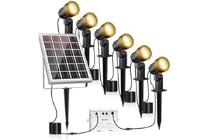 MEIKEE Lampe Solaire Exterieur 6 en 1, Blanc Chaud 3000K, 3 Modes d'Eclairage, Étanche IP66, Panneau Solaire 6V 6W & Batterie 6000mAh, Spot à Piquer pour Jardin Chemin Pelouse