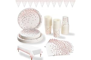 DUOCUTE Oro Rosa e Bianco Stoviglie per Feste 99 Pezzi Rose Golden Dot Stoviglie Party Piatti di Carta, Tovaglioli, Tazze 9oz, Tovaglia, Banner, per Compleanno Anniversario Matrimonio Laurea (24 Ospiti)
