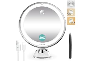 Auxmir LED-belyst Sminkspegel, 20X Förstoringsspegel med Sugkopp, USB-uppladdningsbar, 360° Roterande, 3 Ljusfärger, Sladdlös
