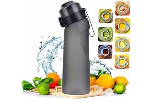 golawks Air Gourde, 650ml Bouteille Avec de 7 Gousses Aromatisées, Fraise peche banane Air Bouteille d'eau Parfumée Sans BPA Avec Paille-0 Sucres et Tasse d'eau (Noir Givré +7 Gousses de Saveur)