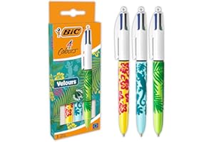 BIC 4 Couleurs Velours Stylos-Bille Pointe Moyenne (1,0 mm) - Motifs Assortis, Pack de 3