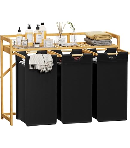 Panier à Linge Sale 3 Cases 170L Avec étagère - Tissu Oxford Amovible, Couleur Noyer - 5