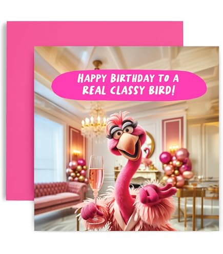 Old English Co. Geburtstagskarte Für Damen – Rosa Flamingo Mit Partyhut – Goldfolie & Blanko-Innenseite