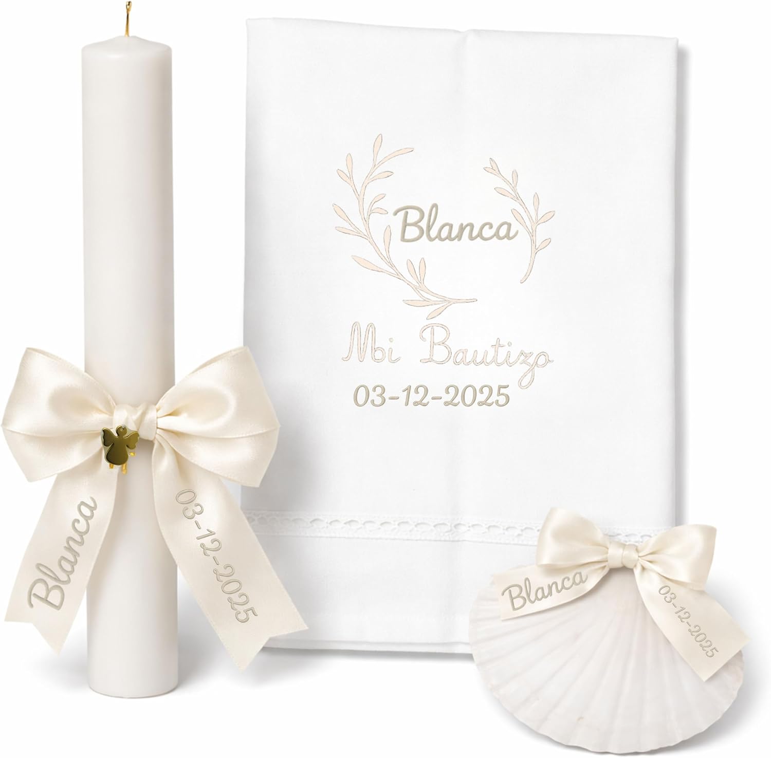 Kit de Bautizo Personalizado | Vela Artesanal con Lazo, Pañuelo Bordado y Concha Bautismal | Pack Premium con Vela Bautismo,Toalla de Bautismo Bordada, Concha Marina | El Recuerdo Perfecto (Beige)