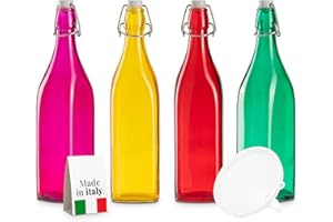 TUNDRA ICE INTERNATIONAL TUNDRA - Lot de 4 Bouteille Verre 1l COLORÉES avec Bouchon Hermétique | Ligne SQUARE | Bouteilles en Verre MADE IN ITALY, Résistantes et Faciles à Laver - Pour l'eau, le vin, l'huile, les liqueurs