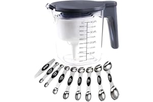 Recogwood 19 Pieces Measuring Cups and Spoons Set, Includes 10 Stackable Measuring Cup with Lid and 9 Magnetic Measuring Spoons, Tablespoon for Liquid and Dry, BPA Free, Dishwasher Safe (Black)
