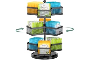 EsLuker.ly Tea Bag Storage Organiser Holder for Kitchen Countertop, Spinning Carousel 3-Tier Tea Organizer Tabletop, Tea Bag Storage with Easy Access, Space-Saving Tea Display for Home & Office, Black