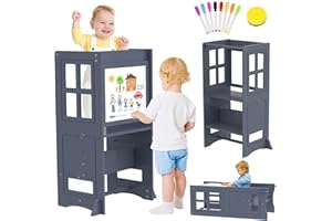 BUEDEHAI Kitchen Step Stool Helper for Kids, Wooden Kids Learning Standing Stool with Whiteboard and Safety Rail, Adjustable-Height Platform Kids Step Stools for Kitchen Counter Bathroom Sink