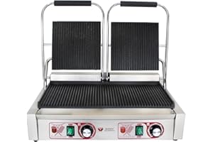 Beeketal 'BKG7' Gastro Doppelt Kontaktgrill mit Gusseisen Grillpatten (oben und unten gerillt) mit Fettauffangschale, Profi Edelstahl Elektrogrill ideal als Panini Grill Maker oder Sandwich Toaster