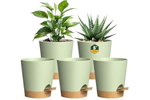 Homeuouz 12 cm Self Watering Pots, 5 Pack Plastic Flower Pots with Drainage Holes and Saucer, Indoor plant pots for Herbs and All House Plants, Green With Brown reservoir