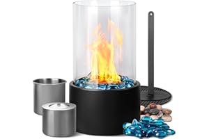 ‎EUFROZY Eufrozy Outdoor Table Fireplace, Ethanol Fireplace, Outdoor, Indoor with Windproof Glass Cover, Smokeless Portable Bioethanol Table Fire with Light Blue Glass Stone, 2 Hours Burning Time for Balcony,