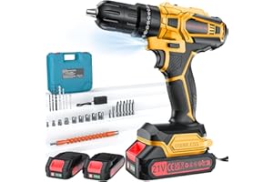 Olubfdh Akkuschrauber, 21V Akku Bohrschrauber Set mit Akku 4000mAh 45Nm Drehmoment Max 25+3 Drehmomentstufen (2-Gang & LED) mit 2 Akkus 2,0Ah und Ladegerät, für Haus und Garten DIY Projekt (Gelb)