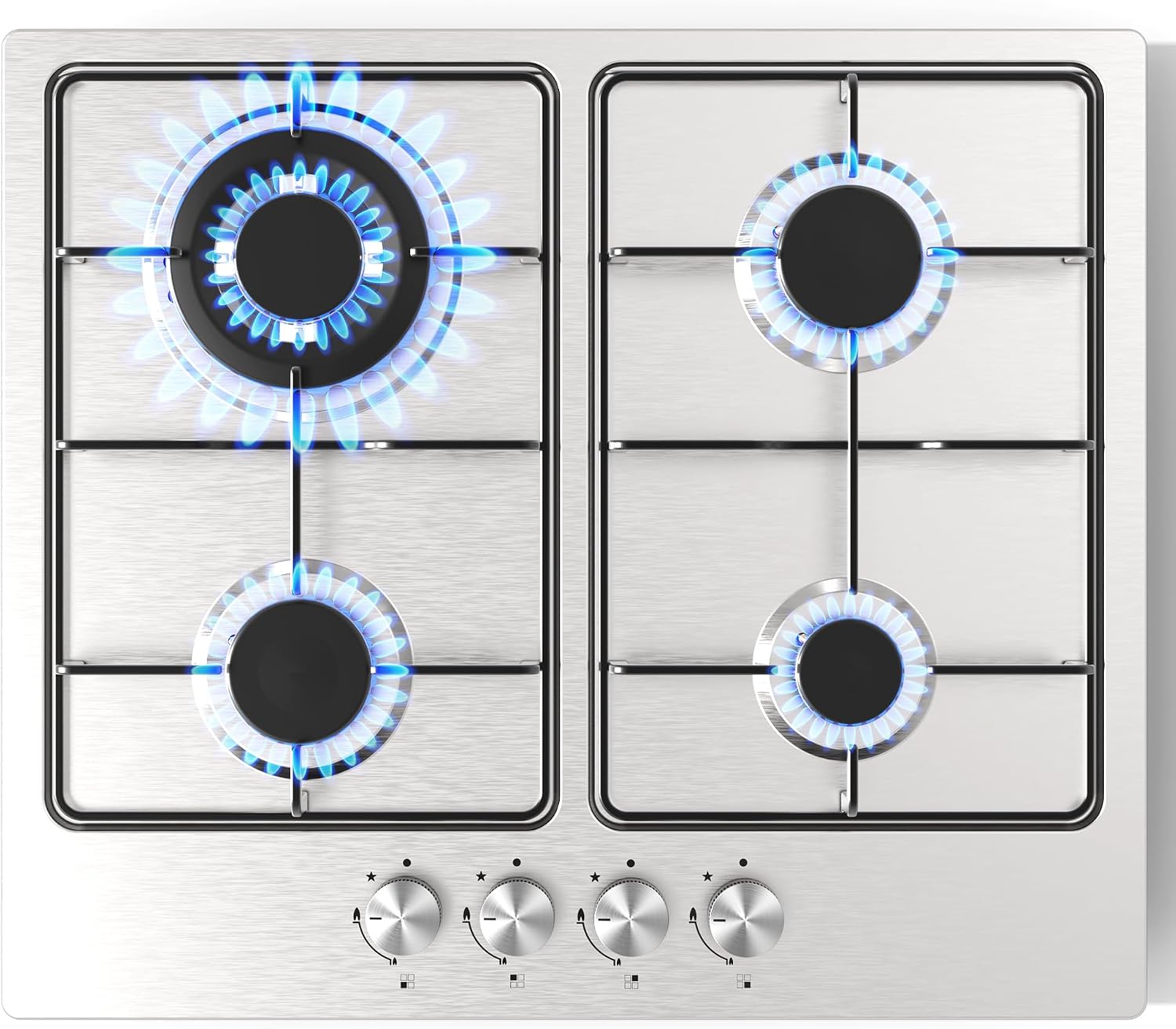 Traenvir Built-in Gas Hob, 7800W 4 Burners Stainless Steel Cooktop with Flame Failure Device, LPG/Natural Gas Convertible, 60 cm