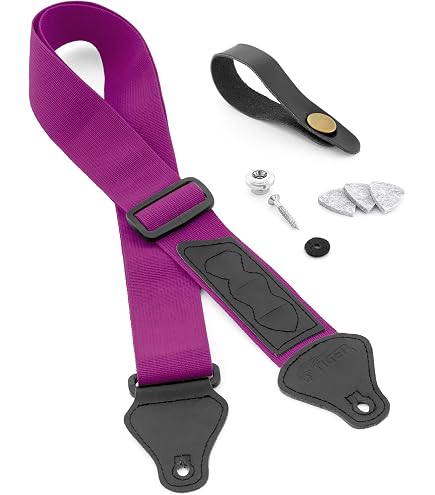 Tiger Ukulele Strap Pack – Purple Strap With Button, Neck Tie & Picks For All Uke Sizes