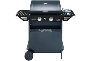 Campingaz Xpert 200 LS Plus Rocky Gas BBQ in Lava Stone, BBQ Cart with 2 Burners and 1 Lat Burner, Cover + Thermometer, Folding Side Shelf, Pot. 8,200 kW + 2.1 kW Lat Burner